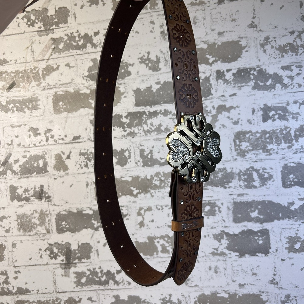 Miss Me Leather Belt Women's Sz 34 Antique Brass Tone Hearts Buckle Y2K Bling - Picture 8 of 8